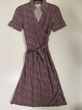 LOFT Burgundy and White Geometric Wrap Midi Dress with Tie Waist